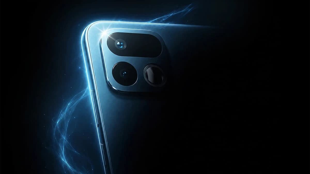 Green realme phone teaser showing a square camera module with a rear selfie mirror