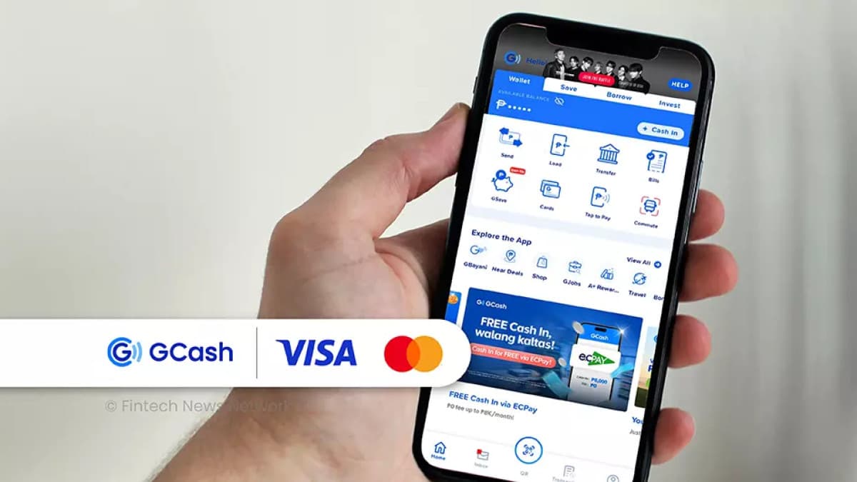 Graphic showing GCash with Visa and Mastercard card linking