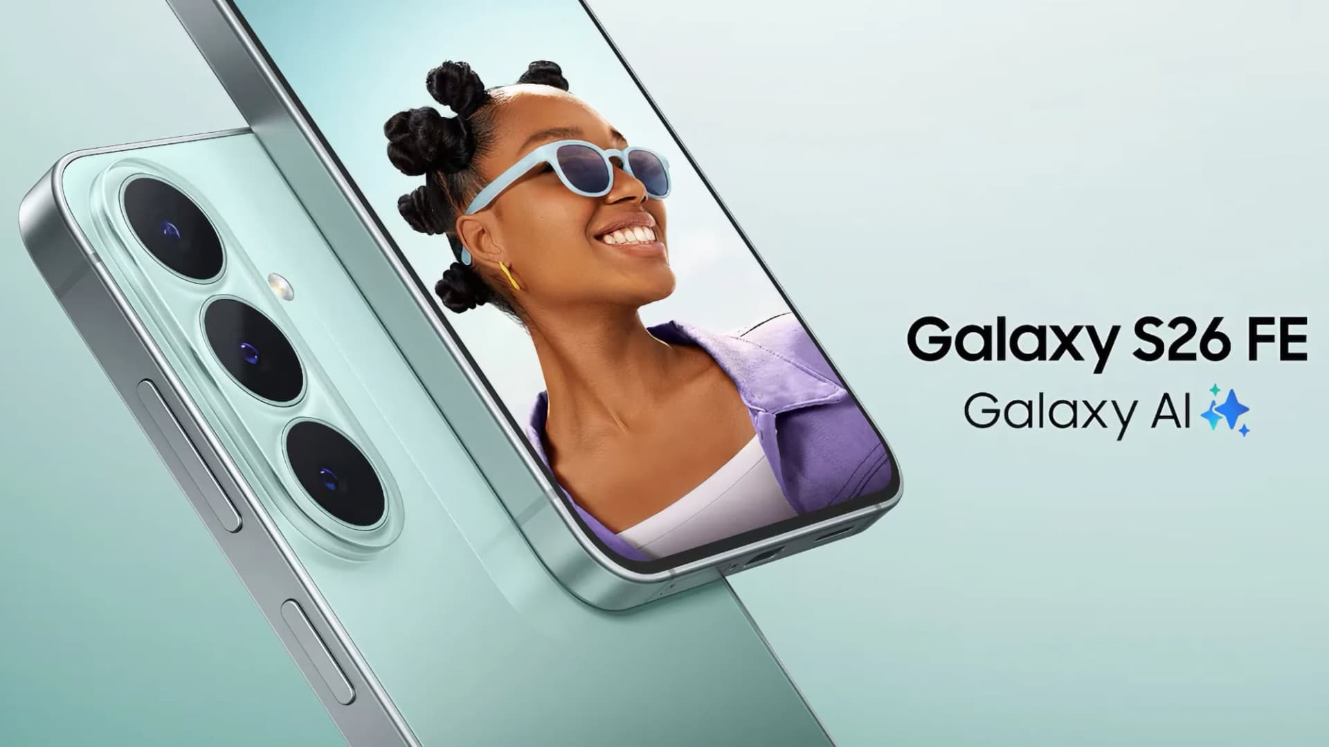 Samsung Galaxy S26 FE phones in Blueberry, Graphite, and Pistachio colors