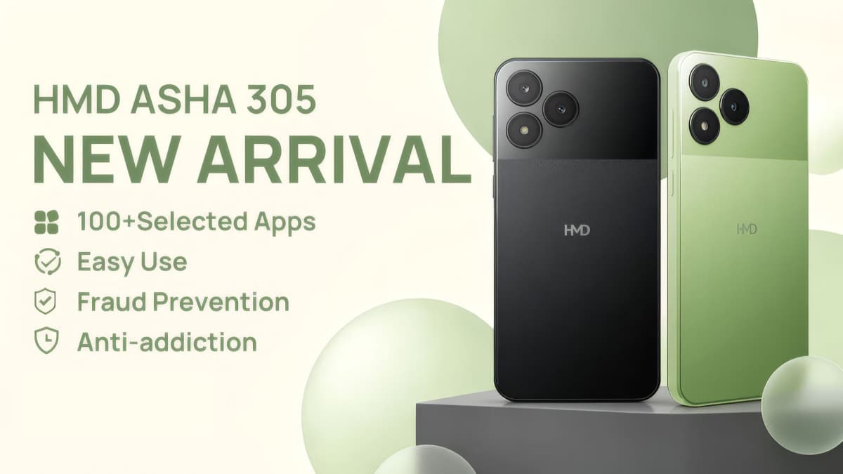 HMD Asha 305 lite smartphone shown from the front and back