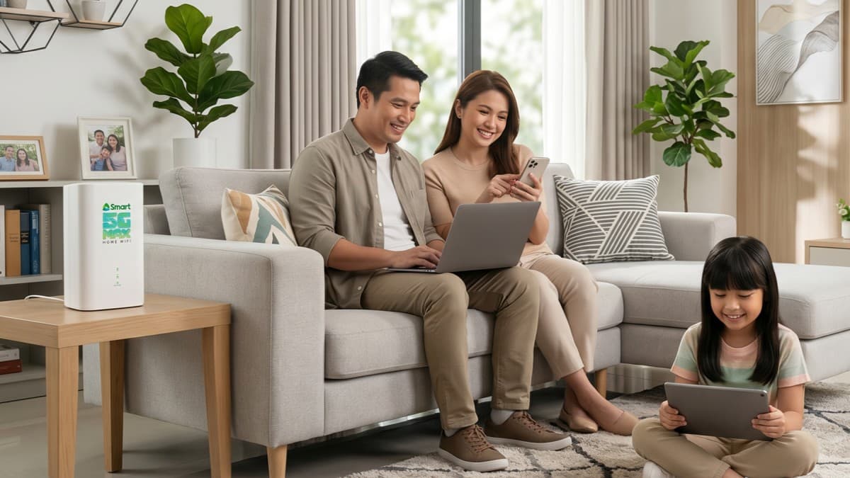 Smart Home WiFi Postpaid promo graphic with 50% off offer and modem