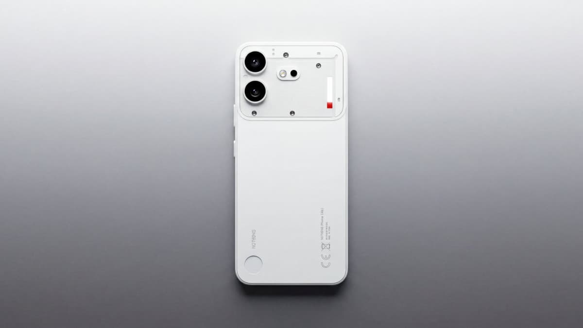 Nothing Phone (4b) in white with a transparent back panel and pill-shaped rear camera module