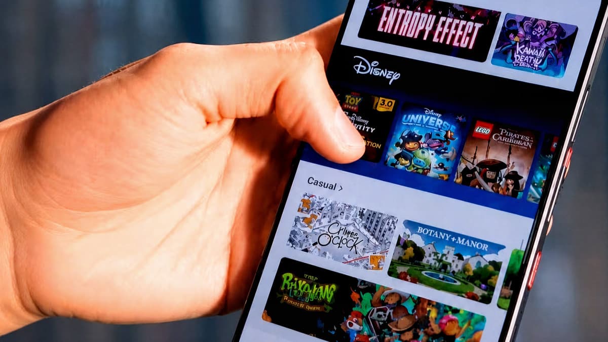 Hand holding a smartphone showing the Blacknut cloud gaming catalog with game titles