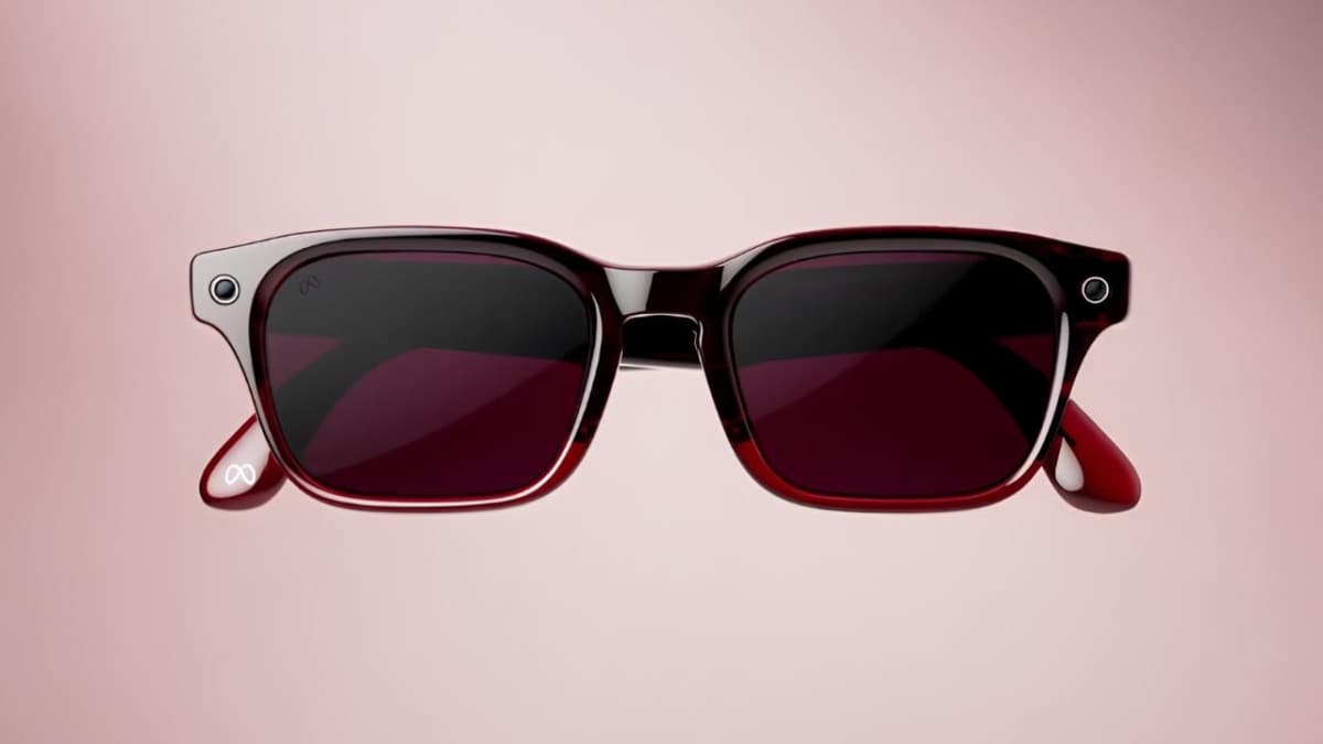 A pair of Meta Ray-Ban smart glasses with a built-in camera on the frame