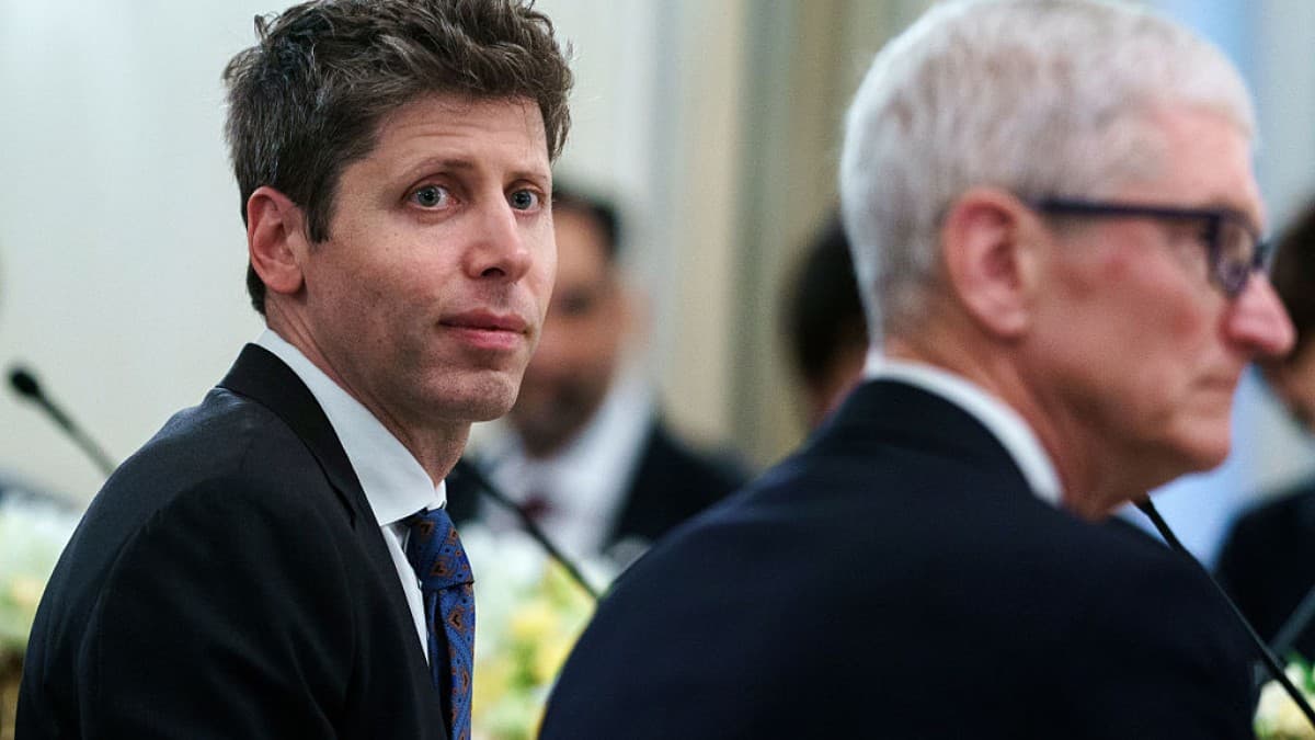 Apple CEO Tim Cook and OpenAI CEO Sam Altman shown side by side