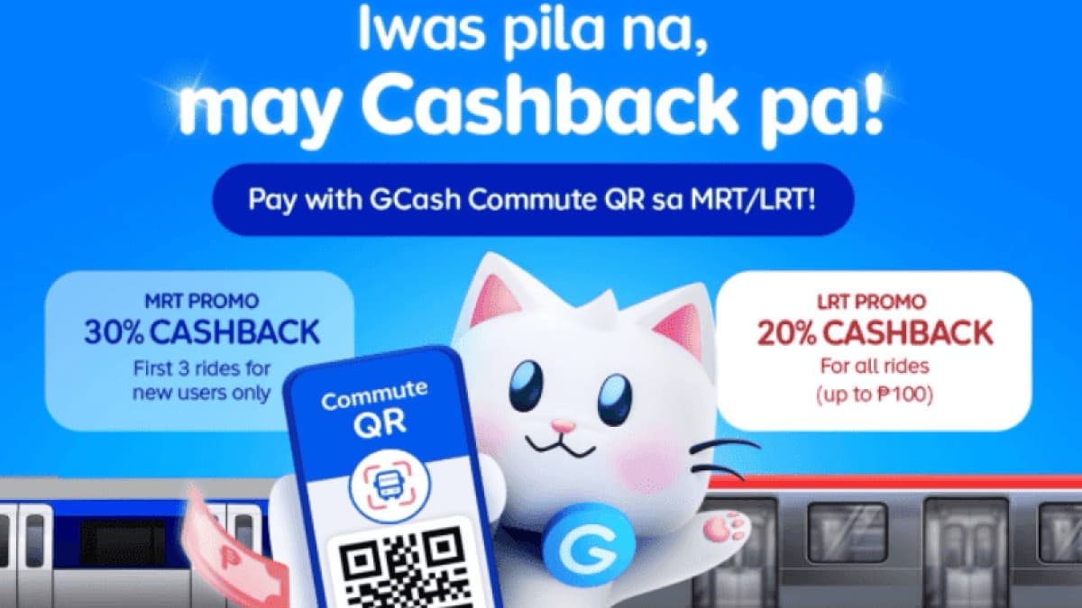 Promotional graphic for GCash Commute QR cashback on MRT-3 and LRT-2 train fares
