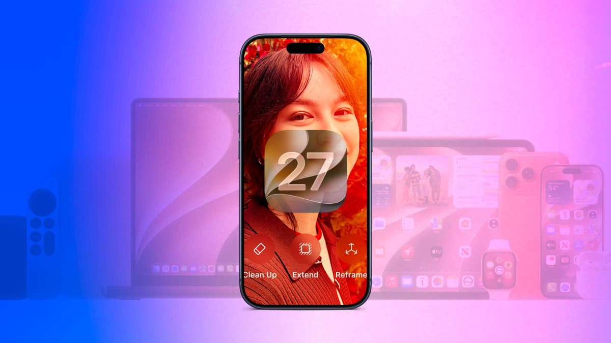 Apple iOS 27 public beta promotional graphic featuring an iPhone