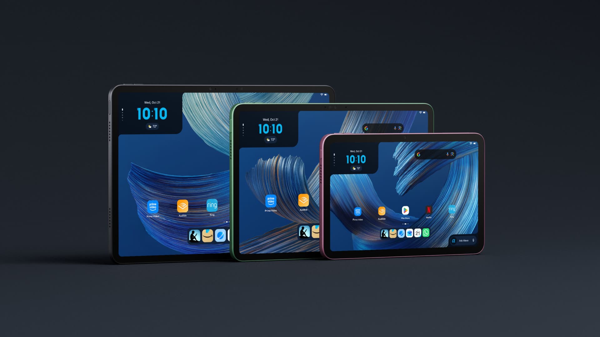 Amazon Alexa Tablet lineup in 12-inch, 11-inch, and 8.7-inch sizes