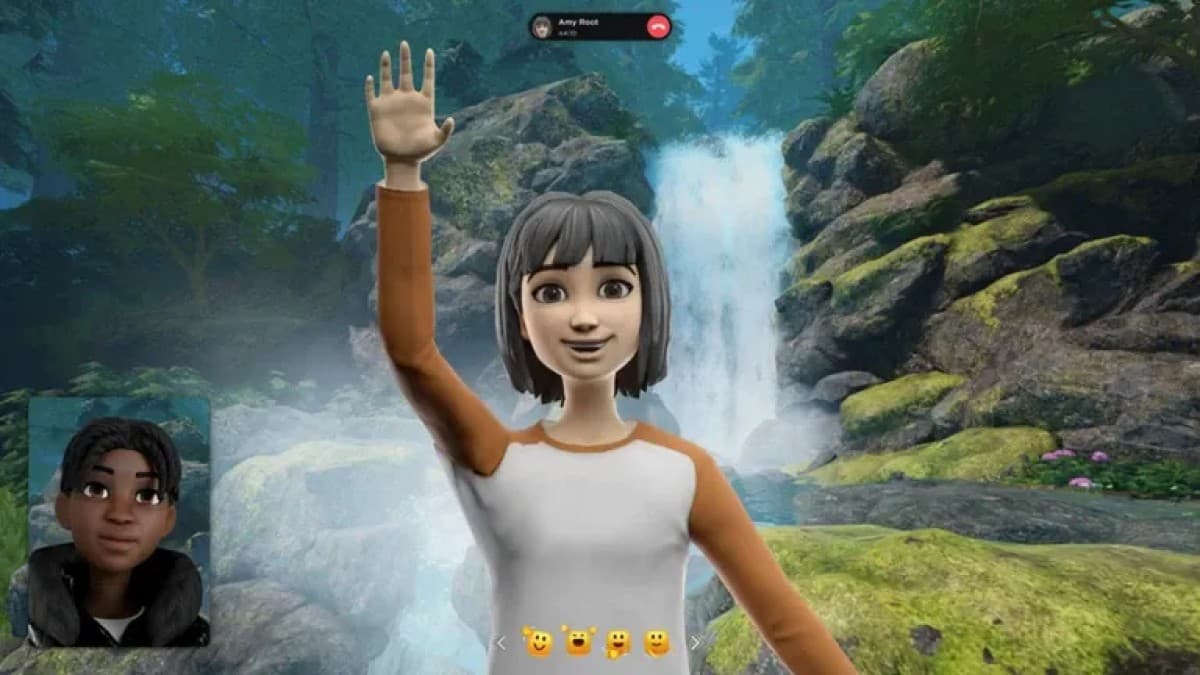 A Roblox avatar waves during a Connect call at a virtual waterfall, with a second caller shown in a picture-in-picture window