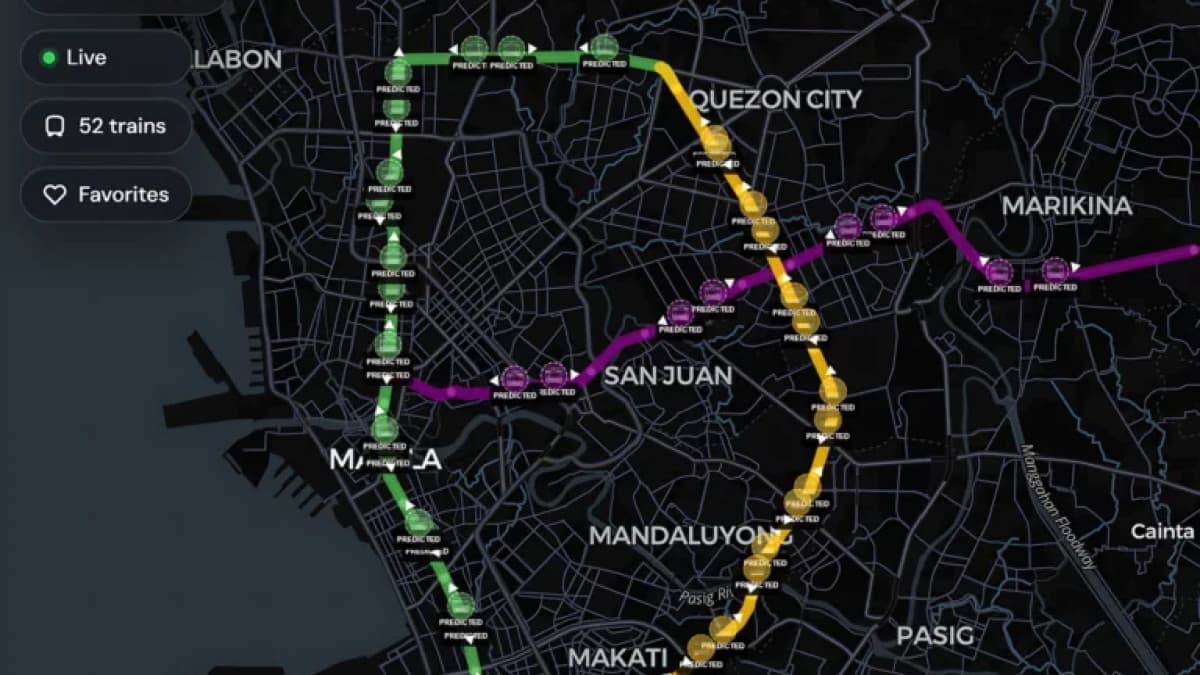 The TrainSight app showing live train positions on a Metro Manila rail line map