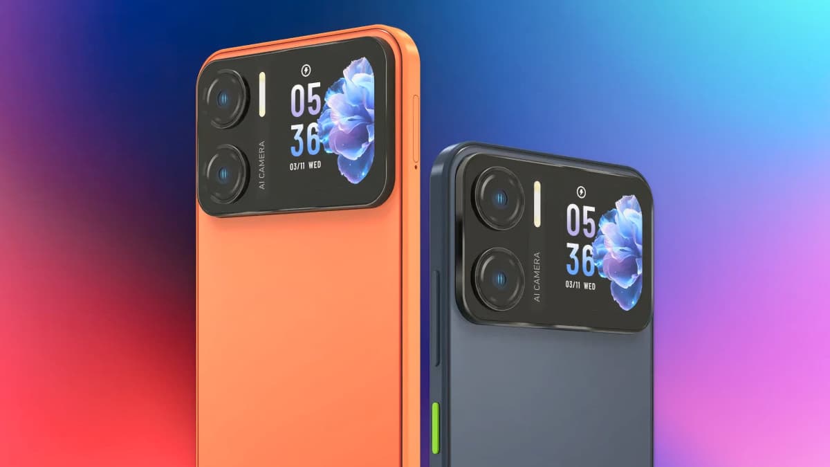 Acer Sospiro A15 in orange and blue showing its small rear display